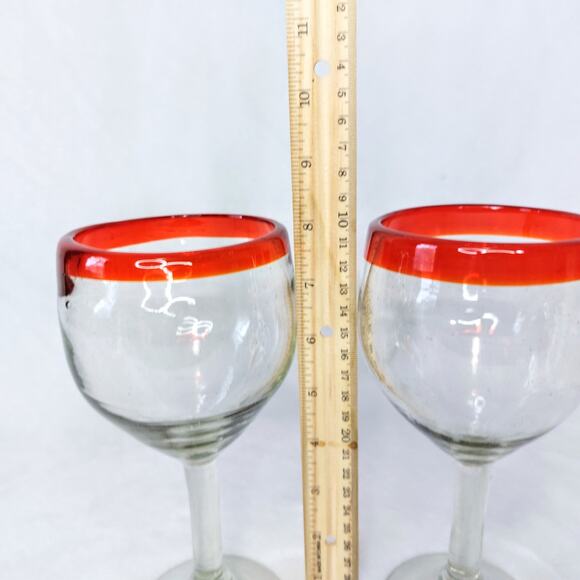 Hand Blown Mexican Wine Margarita Glasses Red Rim Set of 2 Water Goblet Balloon - Picture 8 of 12